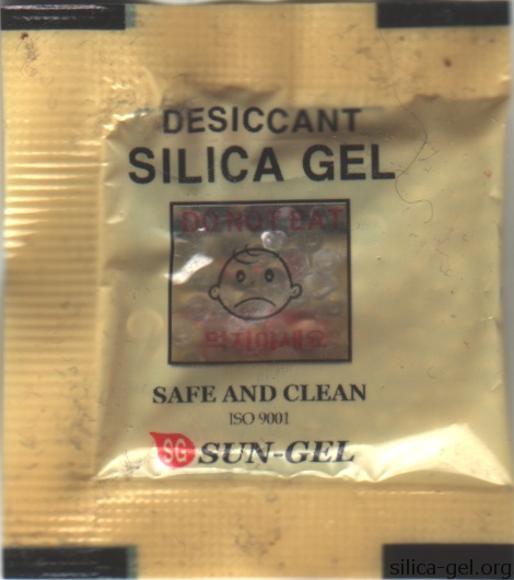 Sun-Gel silica gel packet with double-sided printing.