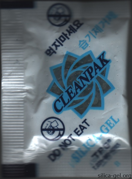 Cleanpak silica gel packet printed in two-tone blue.